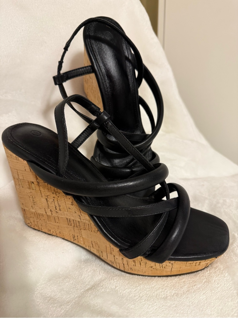 Black Strappy Cork Wedge Sandals - Women